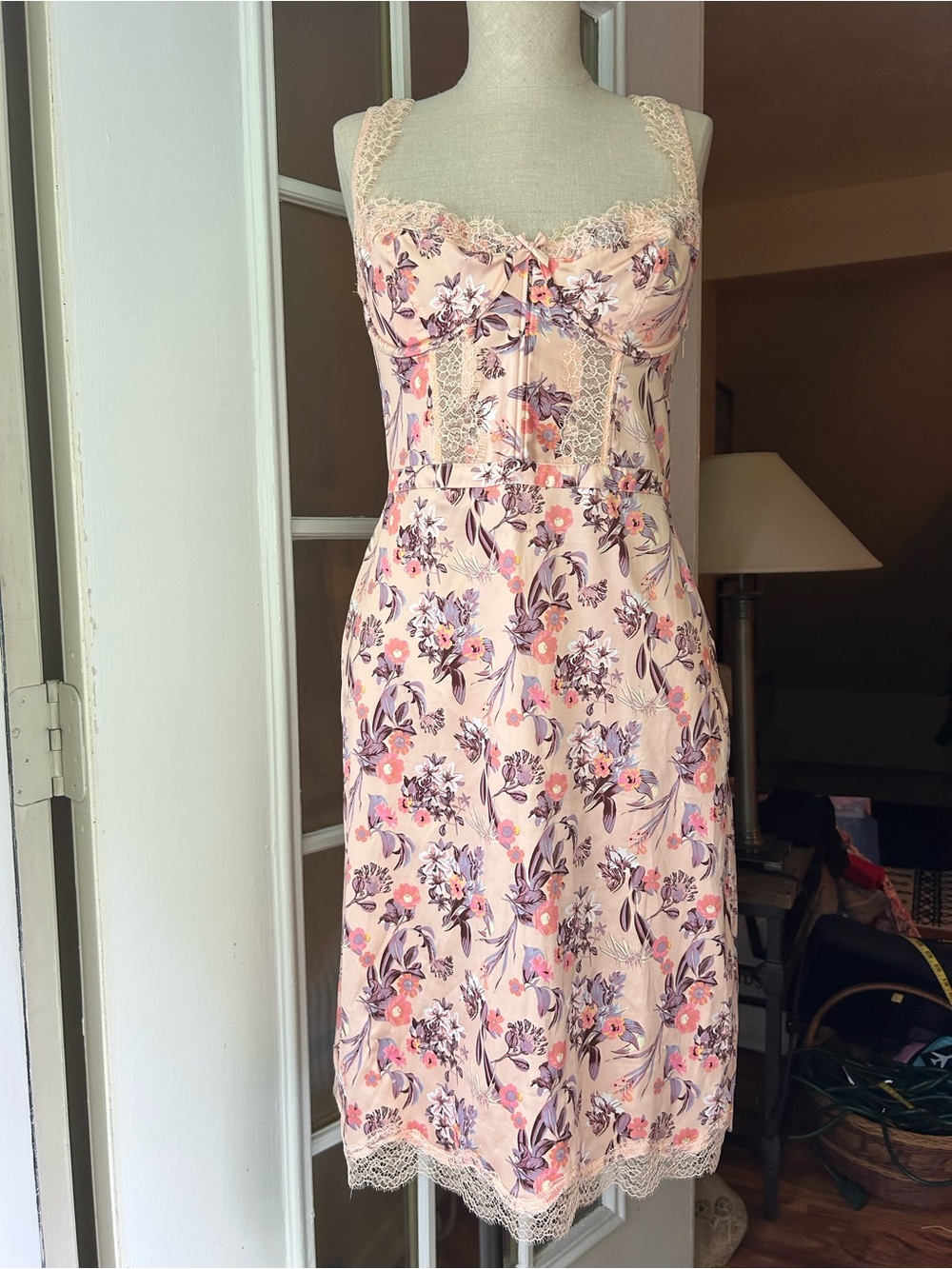 Victoria's Secret wicked satin lace trim floral balconette slip dress. Medium.